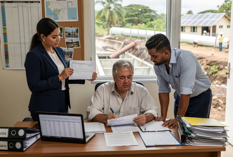 Latin American project finance team reconciling expenditure records with infrastructure delivery