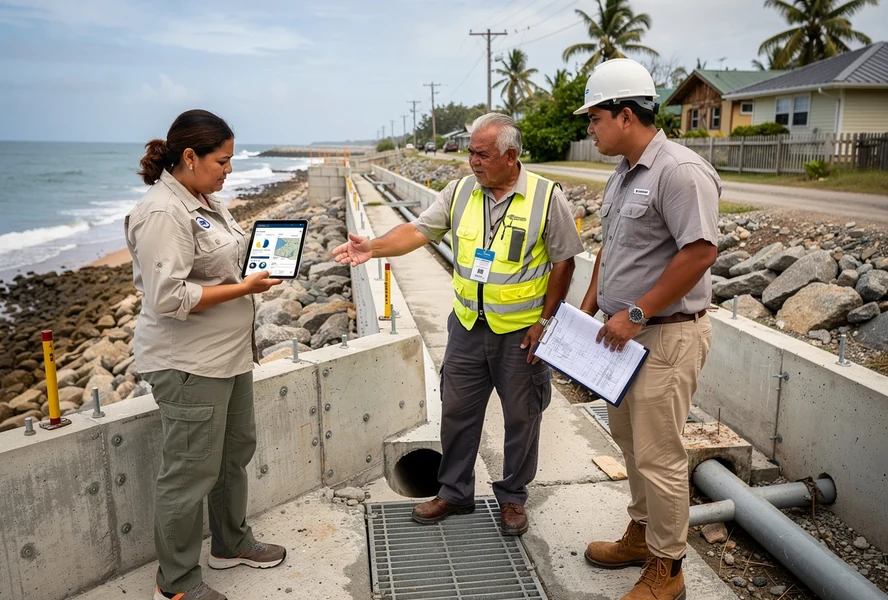 Pacific Island project team inspecting coastal resilience infrastructure
