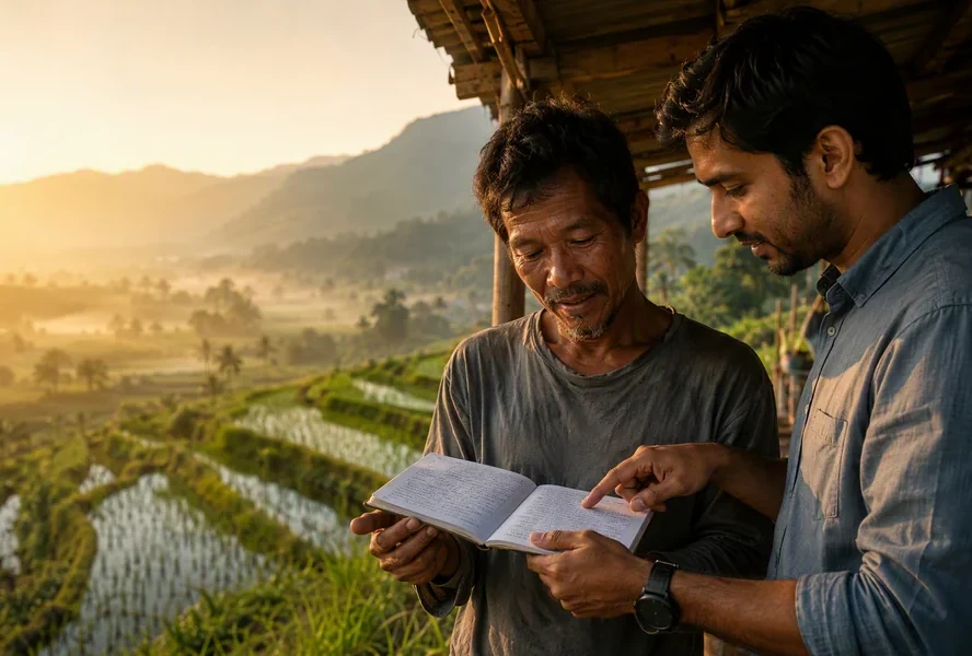Project staff reviewing records in a rural landscape