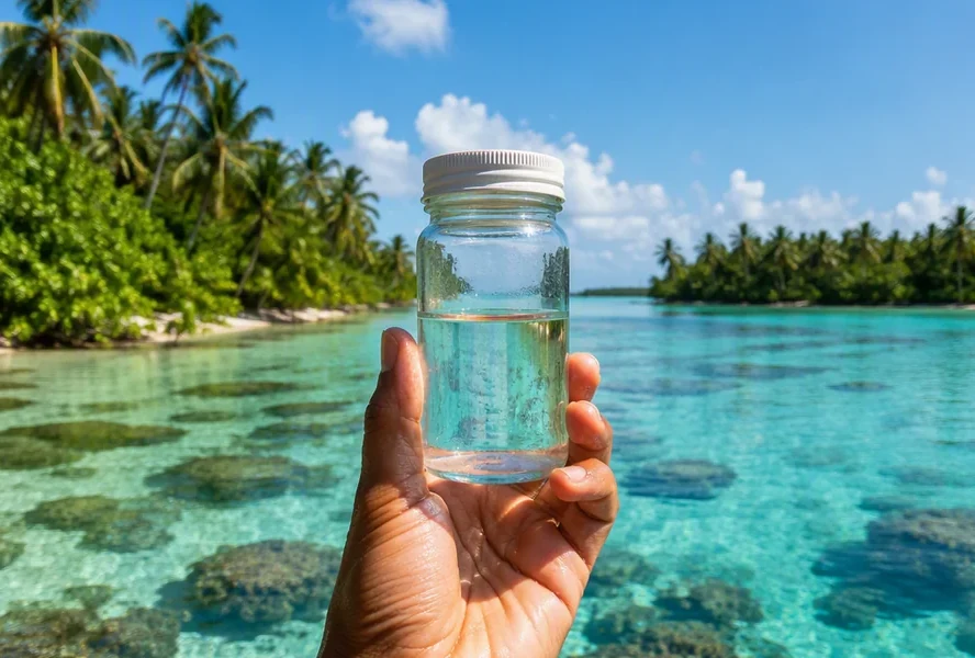 Water sample held over a tropical coastal lagoon