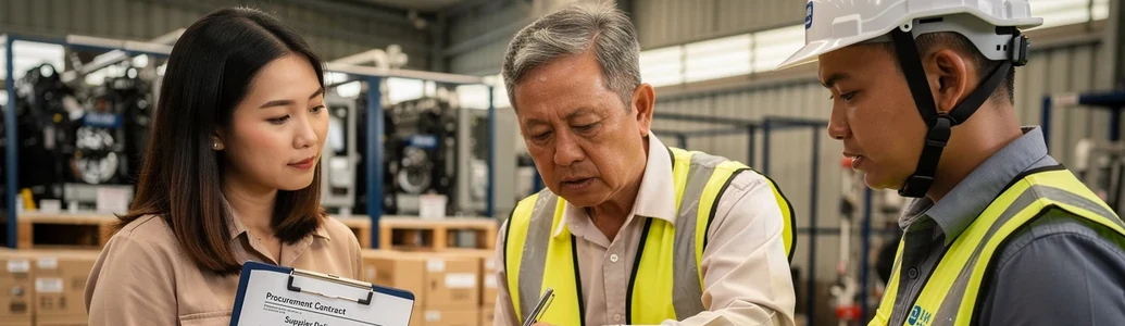 Southeast Asian procurement team verifying delivered equipment against contract and digital records