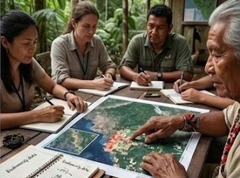 Stakeholders reviewing a project map and records together